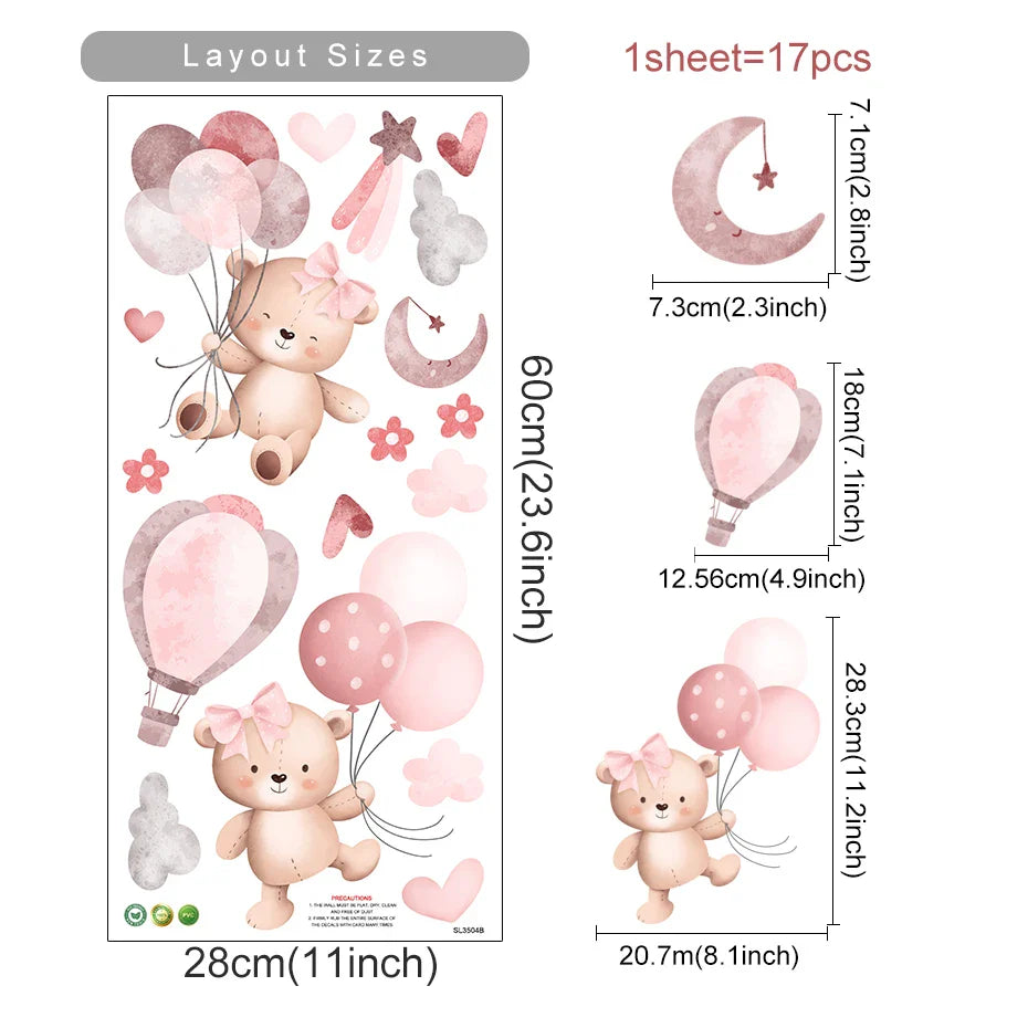 Cute Teddy Cartoon Bear Balloon Clouds Wall Stickers