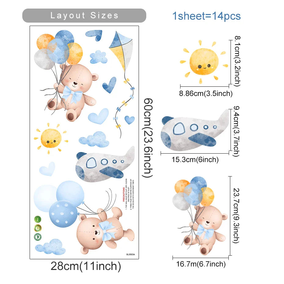 Cute Teddy Cartoon Bear Balloon Clouds Wall Stickers