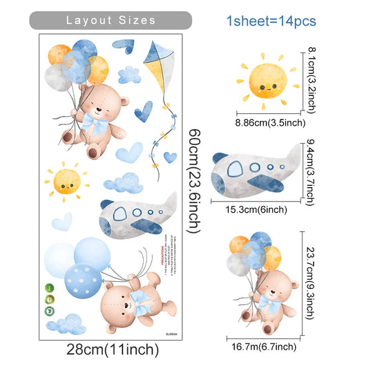 Cute Teddy Cartoon Bear Balloon Clouds Wall Stickers