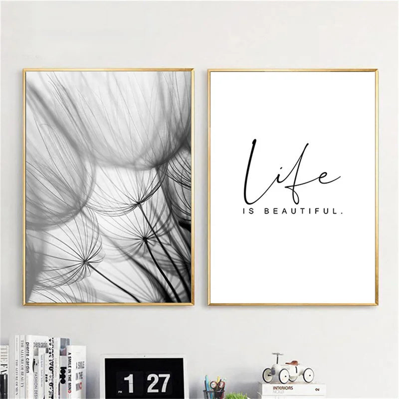 Delicate Dandelions Black White Inspirational Canvas Wall Art Unframed