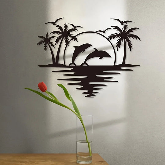 Dolphin Sunset Palm Trees Black Metal Wall Art Decor