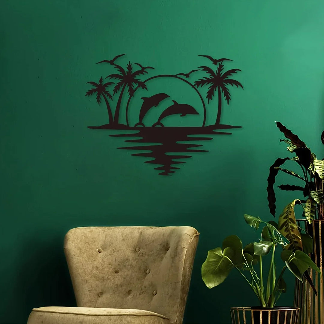 Dolphin Sunset Palm Trees Black Metal Wall Art Decor