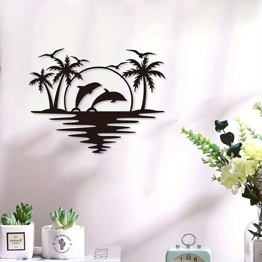 Dolphin Sunset Palm Trees Black Metal Wall Art Decor
