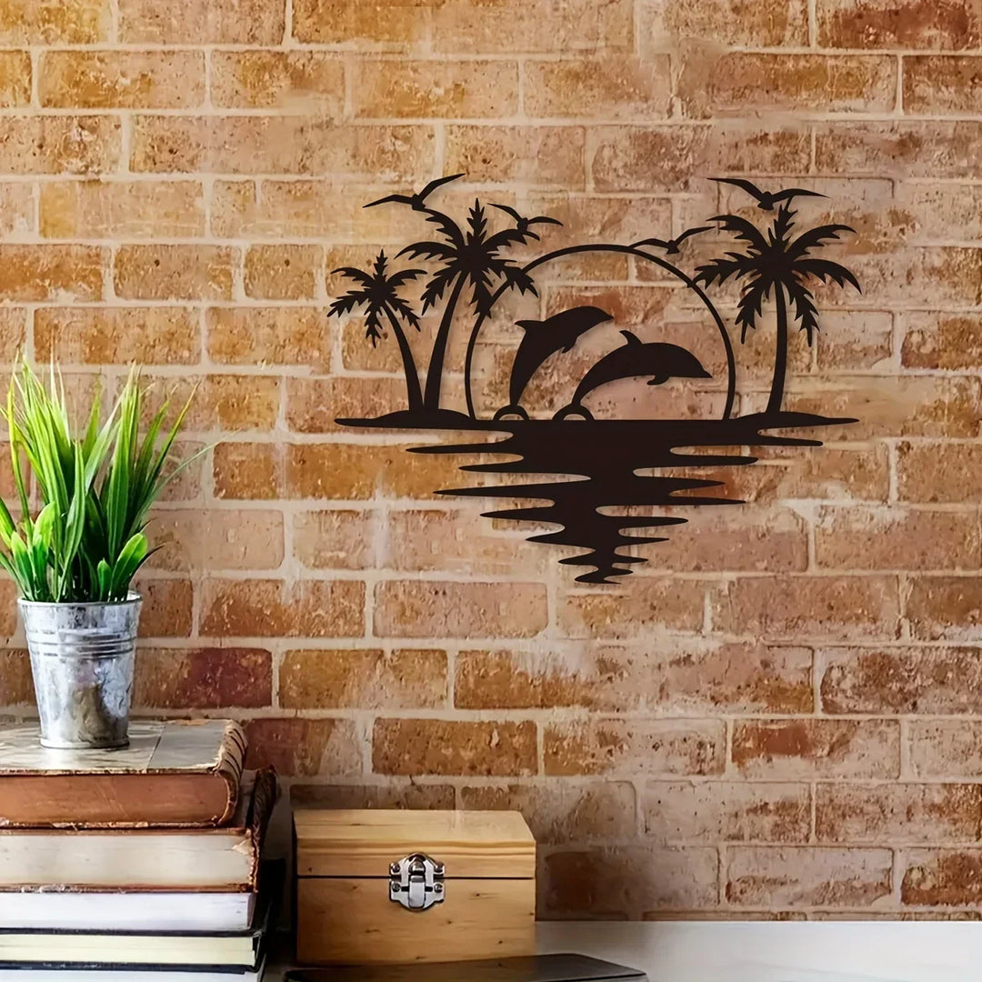 Dolphin Sunset Palm Trees Black Metal Wall Art Decor