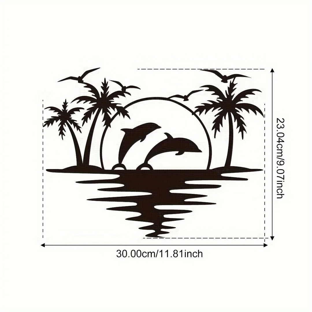 Dolphin Sunset Palm Trees Black Metal Wall Art Decor