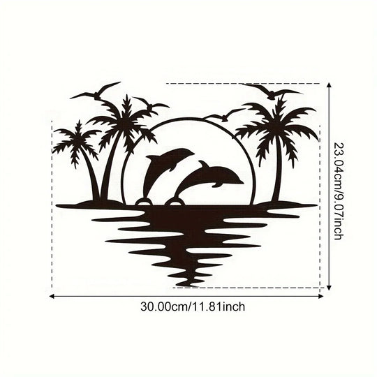 Dolphin Sunset Palm Trees Black Metal Wall Art Decor