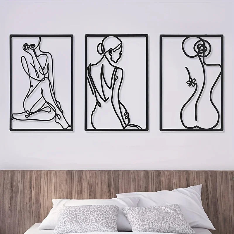 Elegant Lady Figure Line Art Black Metal Wall Art