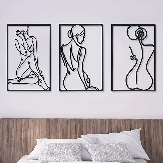 Elegant Lady Figure Line Art Black Metal Wall Art