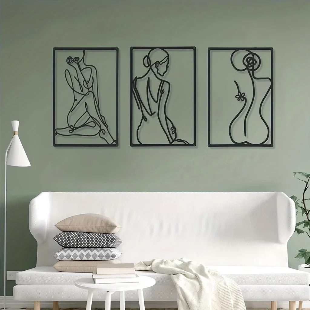 Elegant Lady Figure Line Art Black Metal Wall Art