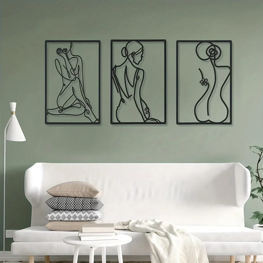 Elegant Lady Figure Line Art Black Metal Wall Art