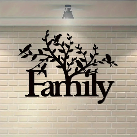 Family Word Birds on Branch Black Metal Wall Art Decor
