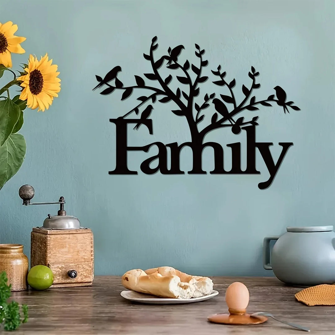 Family Word Birds on Branch Black Metal Wall Art Decor