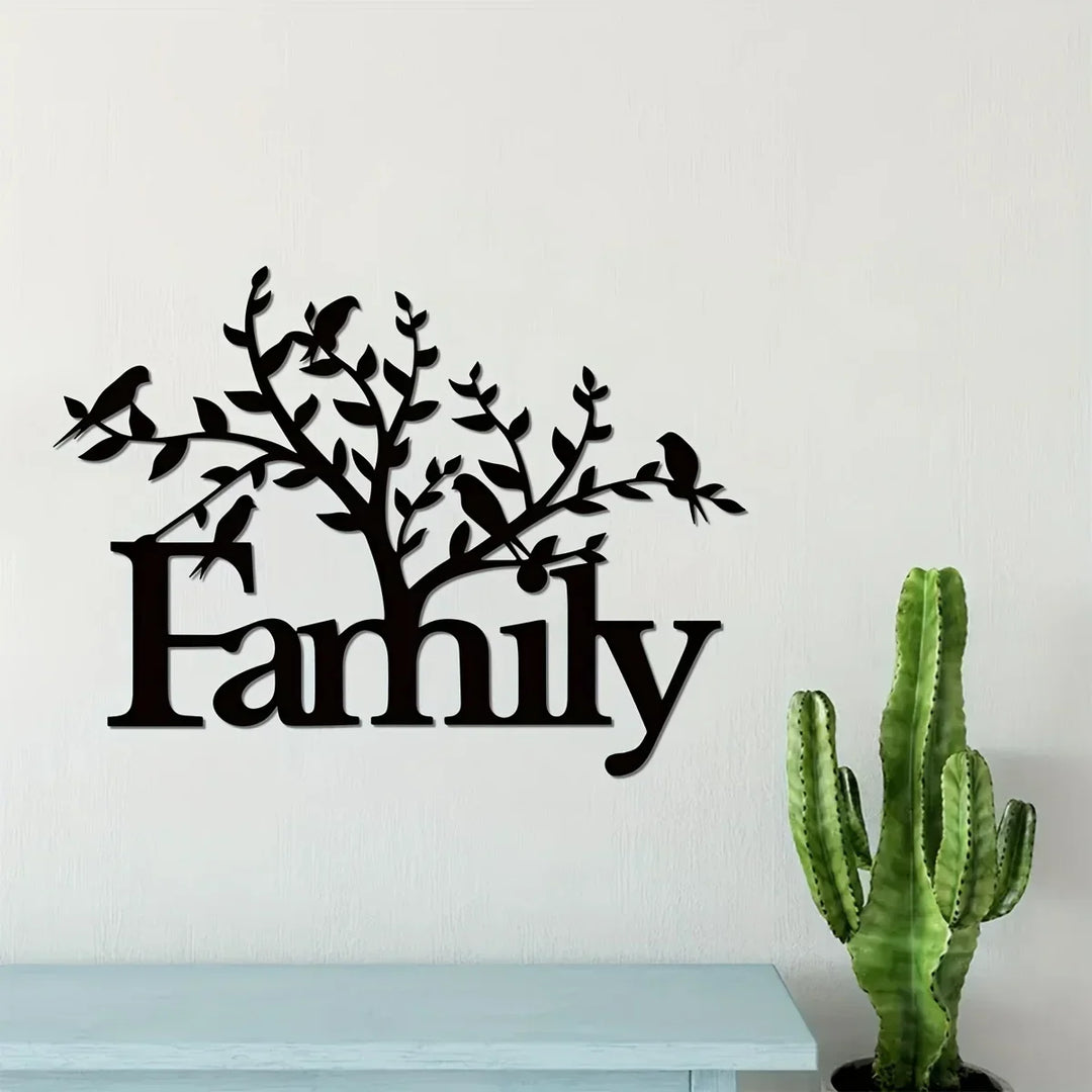 Family Word Birds on Branch Black Metal Wall Art Decor