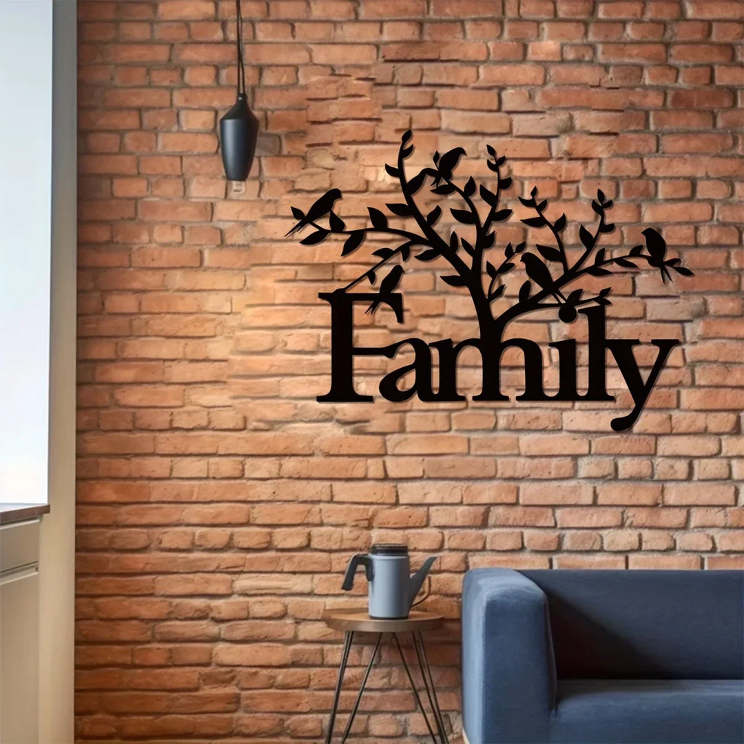 Family Word Birds on Branch Black Metal Wall Art Decor