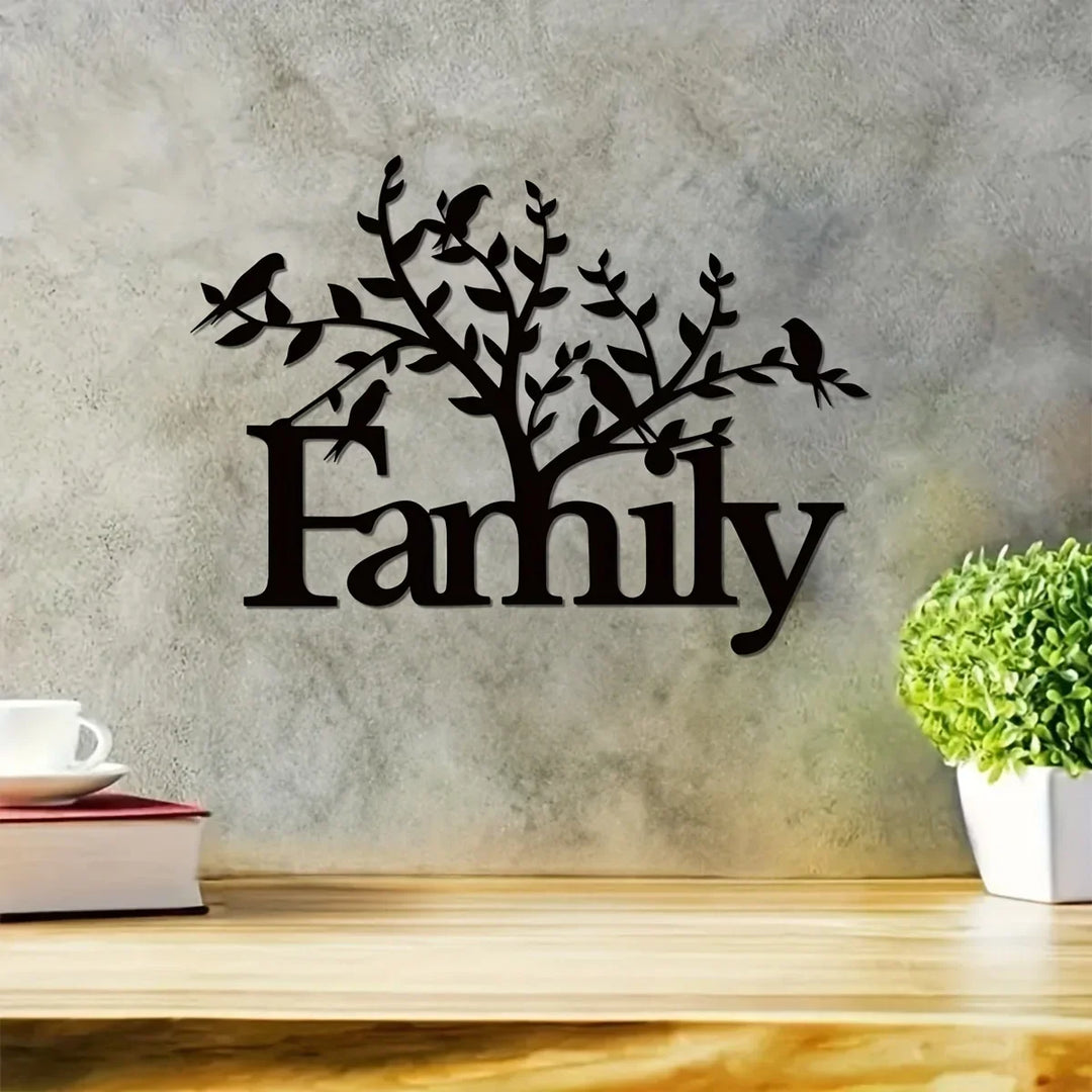 Family Word Birds on Branch Black Metal Wall Art Decor