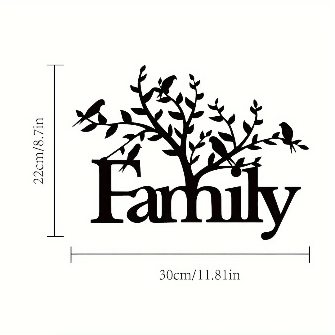 Family Word Birds on Branch Black Metal Wall Art Decor