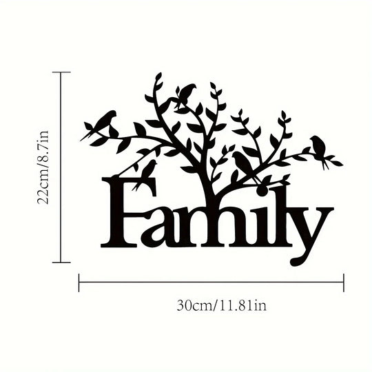 Family Word Birds on Branch Black Metal Wall Art Decor