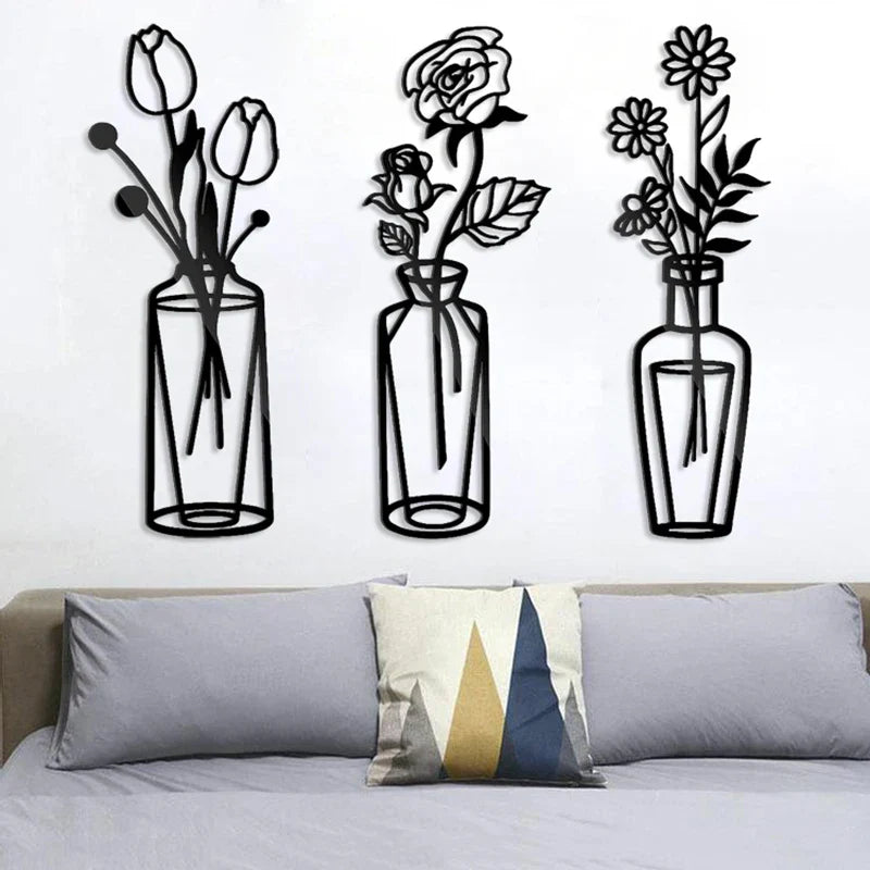 Flowers in a Vase Black Metal Wall Art Decor