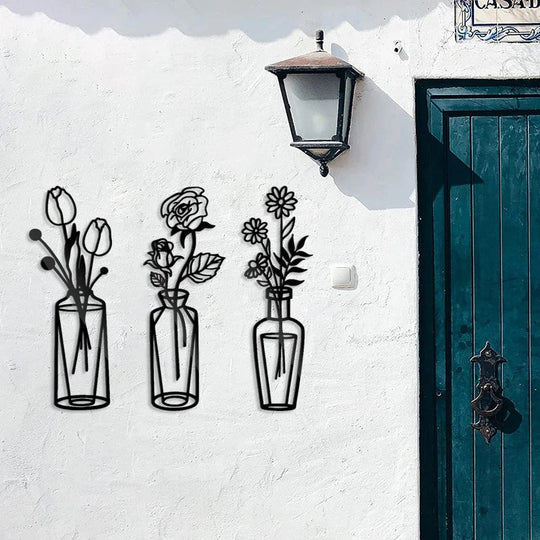 Flowers in a Vase Black Metal Wall Art Decor