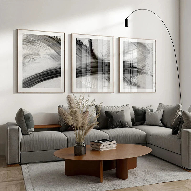 Flowing Brush Strokes Black White Abstract Canvas Wall Art Unframed