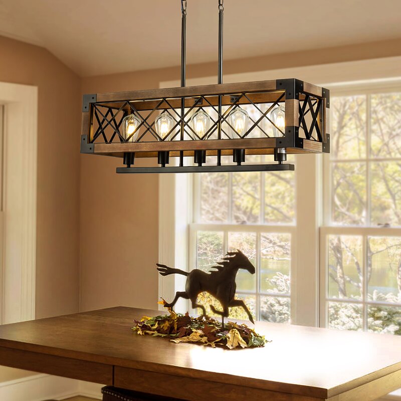 Rustic Industrial Linear Wood & Metal Chandelier