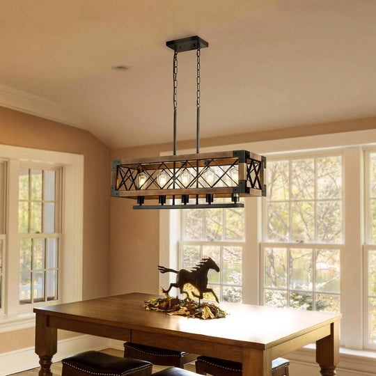 Rustic Industrial Linear Wood & Metal Chandelier