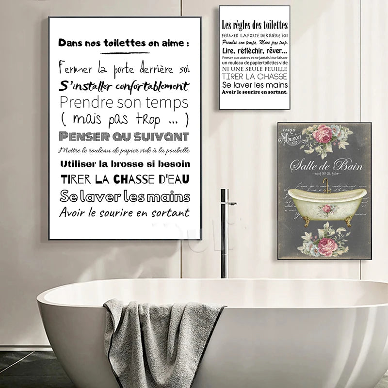 Bathroom Rules French Quotes Black White Canvas Wall Art