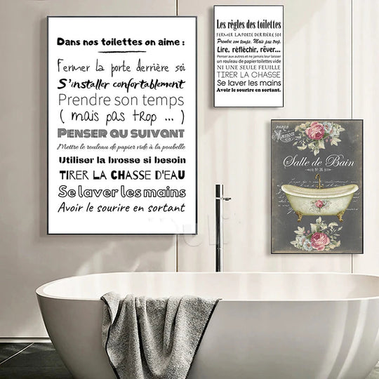 Bathroom Rules French Quotes Black White Canvas Wall Art