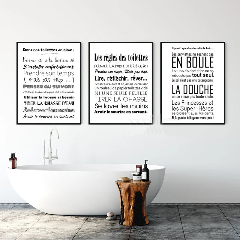 Bathroom Rules French Quotes Black White Canvas Wall Art