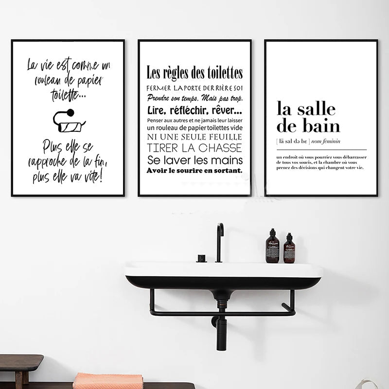 Bathroom Rules French Quotes Black White Canvas Wall Art