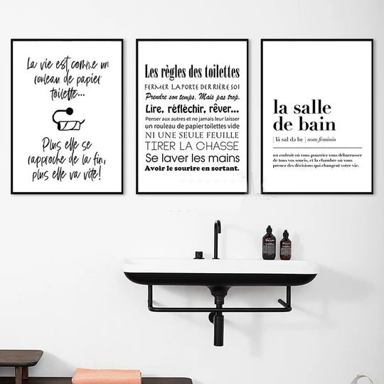 Bathroom Rules French Quotes Black White Canvas Wall Art