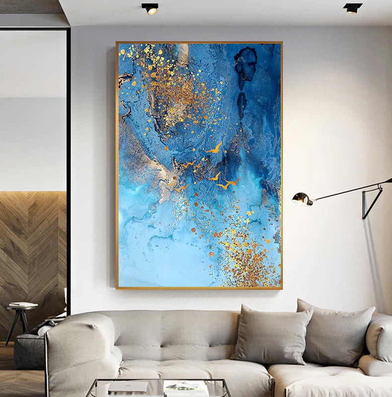 Golden Blue Sea Abstract Marble Canvas Wall Art Unframed