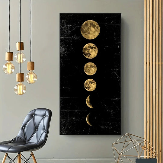 Golden Black Moon Phases Vertical Canvas Wall Art