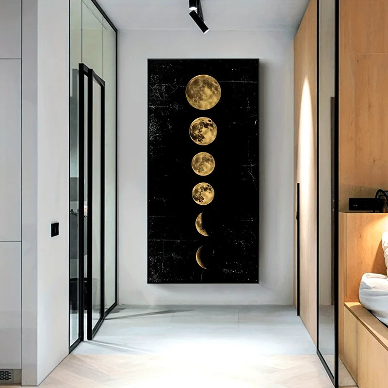 Golden Black Moon Phases Vertical Canvas Wall Art