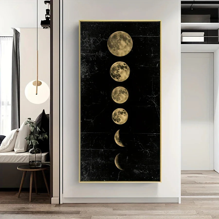 Golden Black Moon Phases Vertical Canvas Wall Art