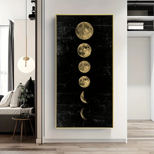 Golden Black Moon Phases Vertical Canvas Wall Art