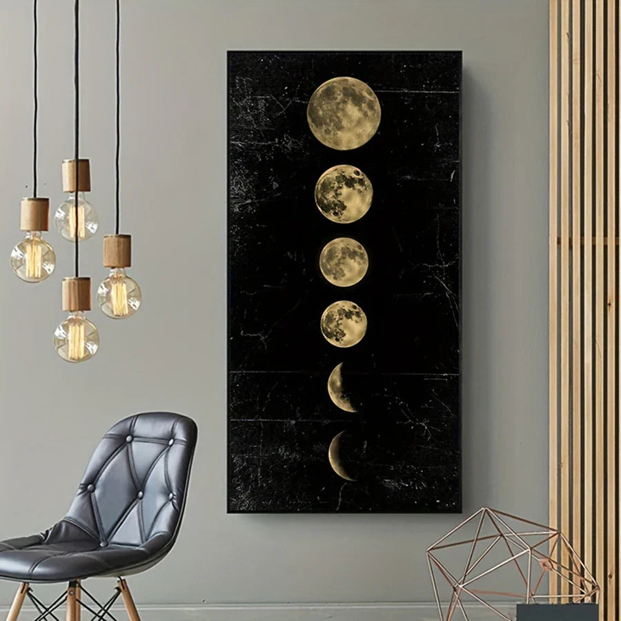 Golden Black Moon Phases Vertical Canvas Wall Art