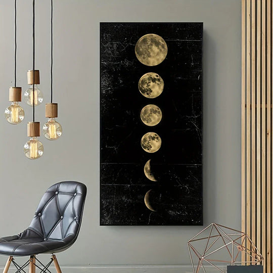 Golden Black Moon Phases Vertical Canvas Wall Art