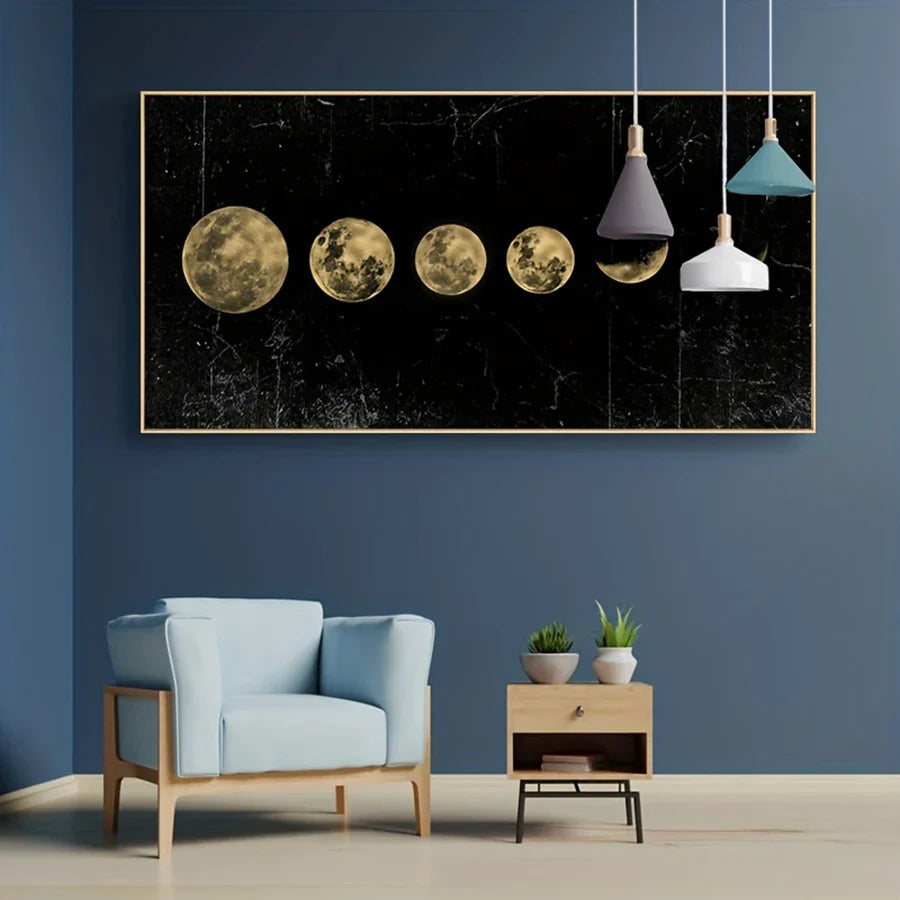 Golden Black Moon Phases Vertical Canvas Wall Art
