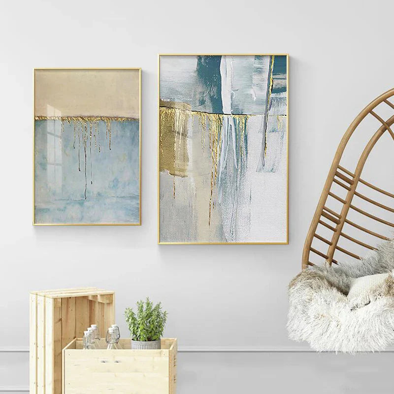 Golden Blue Beige Scandinavian Abstract Canvas Wall Art Unframed