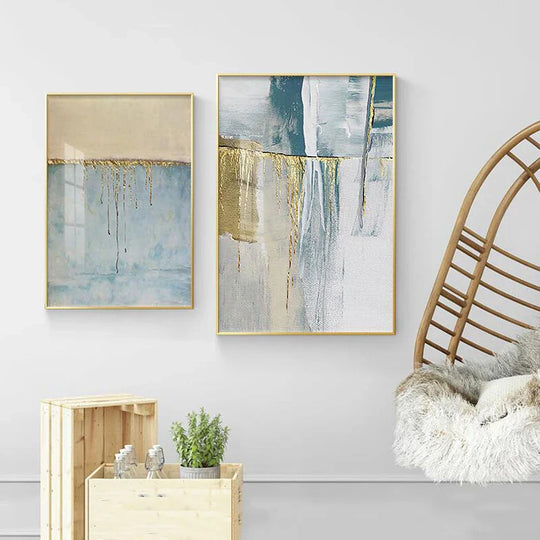 Golden Blue Beige Scandinavian Abstract Canvas Wall Art Unframed