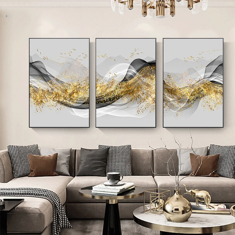 Golden Flowing Abstract Mountain Landscape Canvas Wall Art