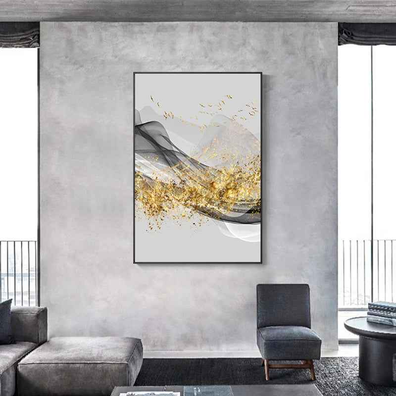 Golden Flowing Abstract Mountain Landscape Canvas Wall Art