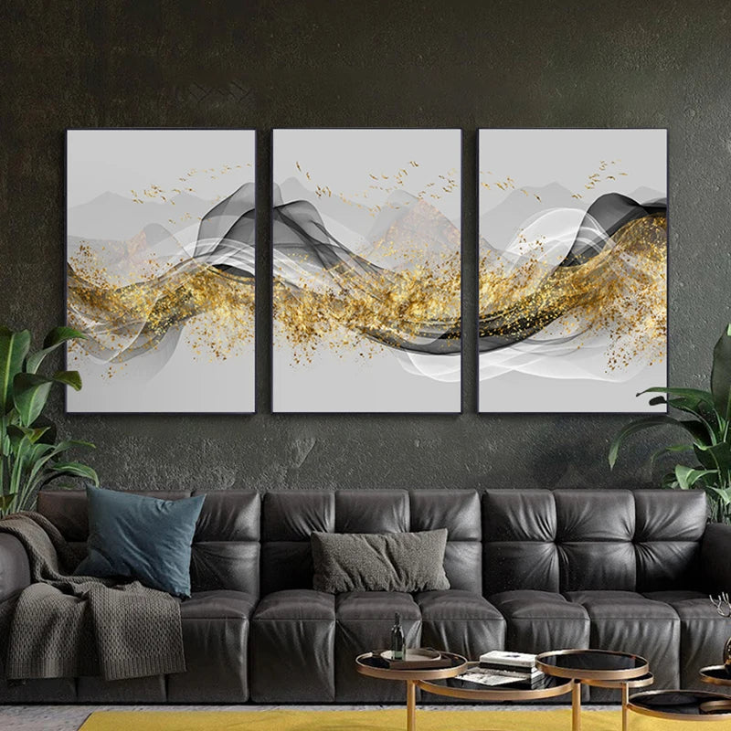 Golden Flowing Abstract Mountain Landscape Canvas Wall Art
