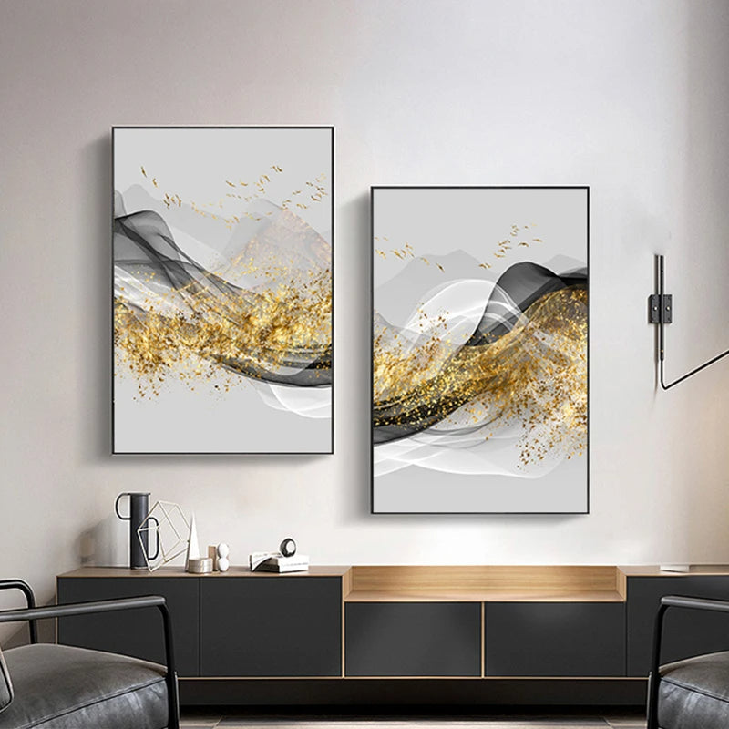 Golden Flowing Abstract Mountain Landscape Canvas Wall Art