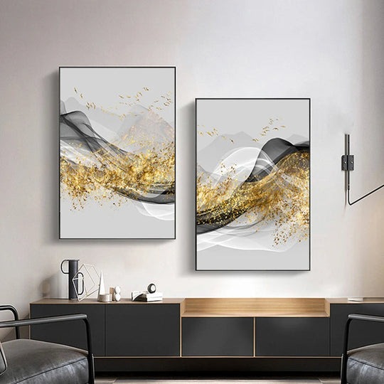 Golden Flowing Abstract Mountain Landscape Canvas Wall Art