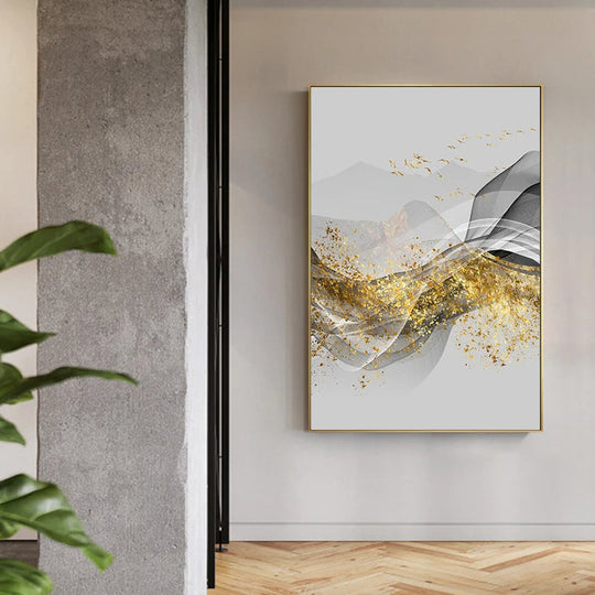 Golden Flowing Abstract Mountain Landscape Canvas Wall Art