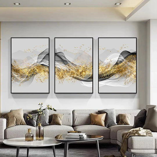 Golden Flowing Abstract Mountain Landscape Canvas Wall Art