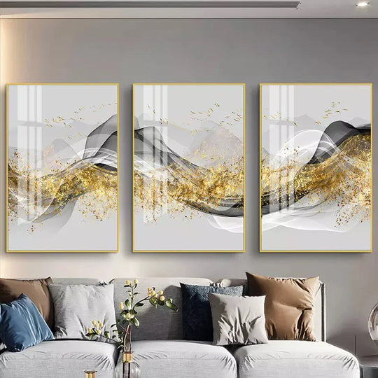 Golden Flowing Abstract Mountain Landscape Canvas Wall Art
