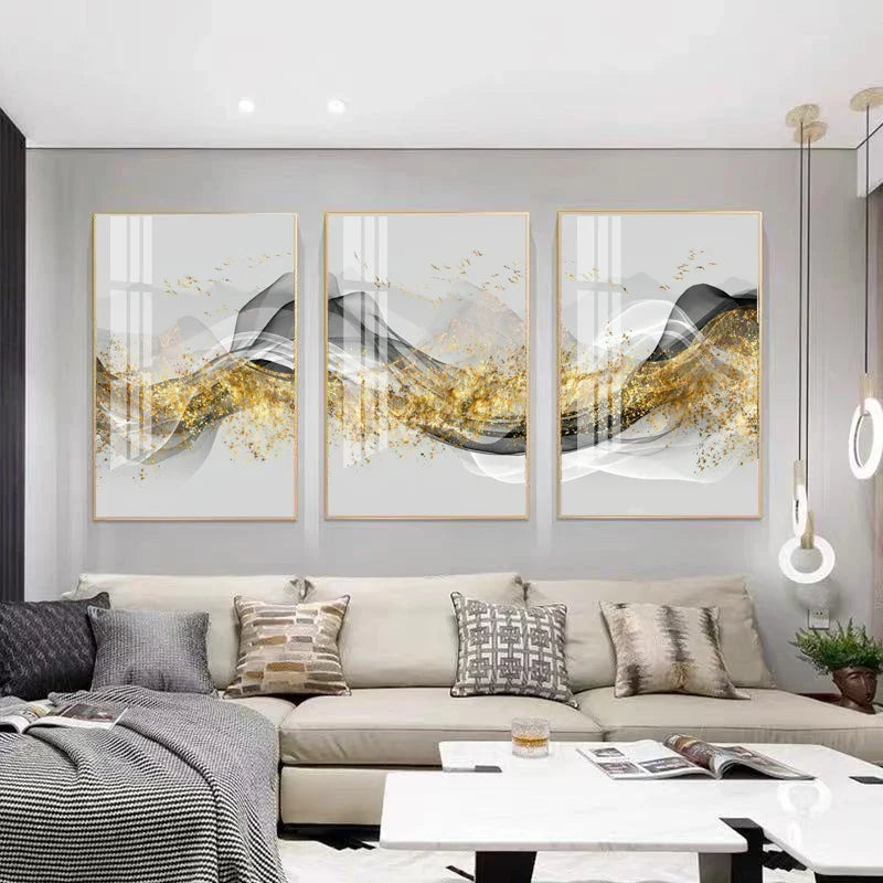 Golden Flowing Abstract Mountain Landscape Canvas Wall Art